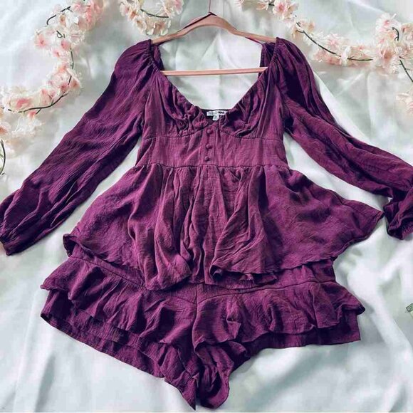 Purple Long Sleeve Shorts Romper - Picture 1 of 5